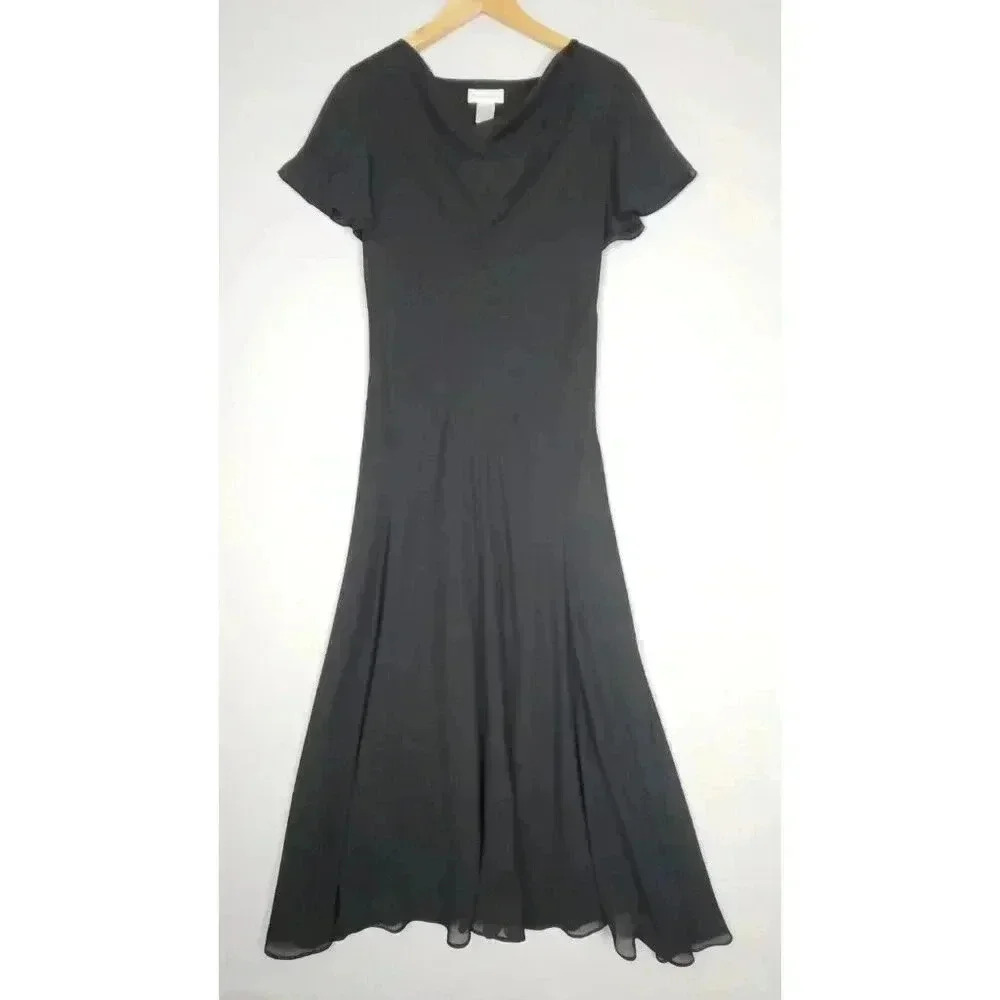 Worthington Womens‎ Sz 10 Maxi Dress Black Lined Chiffon Formal A-Line Swing